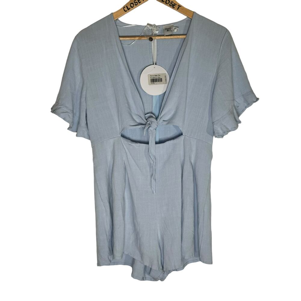 Princess Polly Patricia  Cotton/Linen Blue  Tie Front Romper Large 12 NWT
